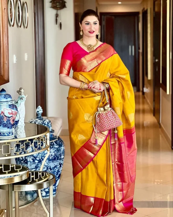 Royal Banarasi Saree Kanjivaram Tissue – Banarasi Buti Work – Includes Blouse Piece | Golden Red