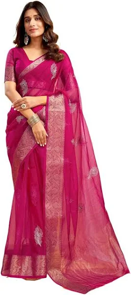 Premium Banarasi Saree Organza Silk – Banarasi Big Buti Design – Includes Blouse Piece | Rani Pink