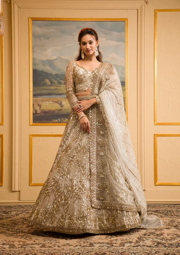 Off White Zari work Net Readymade Lehenga